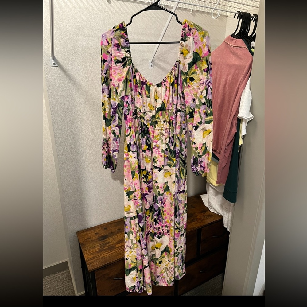 H&M Boho Watercolor Balloon Sleeve Maxi Dress - Size L